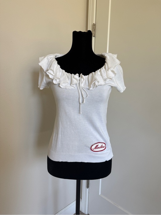 Moschino Tops - Vintage Y2K Moschino Jeans white knit ruffle top with tie and Moschino patch S